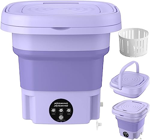 Portable Washing Machine, Foldable Mini Small Washer for Baby Clothes, Underwear or Small Items, Washing Machine with Drain Basket for Travelling, Camping, Apartment, Dorm, Purple