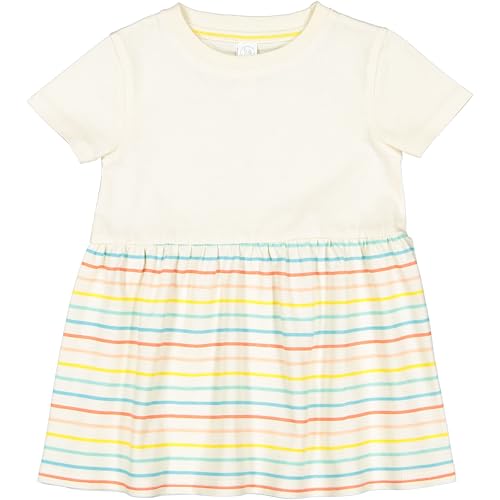 RABBIT SKINS Infant Toddler Baby Girl Soft Fine Jersey Cotton Short Sleeve Dress, Natural/Sunkissed Stripe, 18M