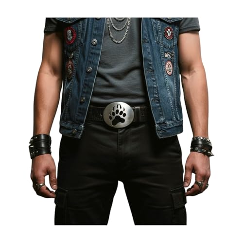 Men's Women's Fashion Belt Buckle Oval Silver Metal Bear Animal Black Foot Print Dog Hunter Native