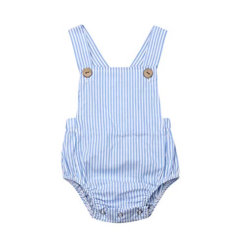 TiendaDeLage Newborn Baby Girl Boy Solid Striped Suspender Bubble Romper Bodysuit Summer Clothes (Blue Stripes,12-18 Months)