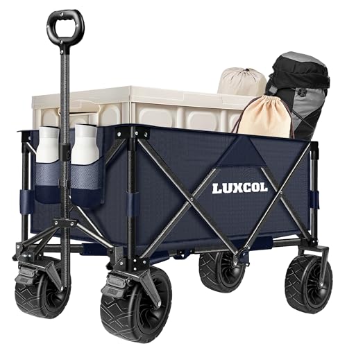 LUXCOL Collapsible Folding Wagon, Heavy Duty Utility Beach Wagon Cart for Sand with Big Wheels, Adjustable Handle&Drink Holders for Shopping, Camping,Garden and Outdoor Dark Blue