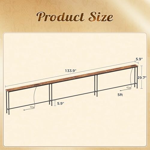 Image of Huuger 133.9 Inch Sofa Table with Power Outlets, Skinny Behind Couch Table | 5.9 Inch Narrow Entryway Table, Extra-Long Console Table, Behind the Couch Table with Outlet for Living Room, Rustic Brown