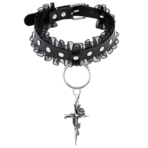 Damsil Punk Harajuku Lace Collar Hauling Chain Pu Leather Choker Metal Ring Gothic Necklace Neck Accessories Adjustable Buckle (16-Black) #TOP10