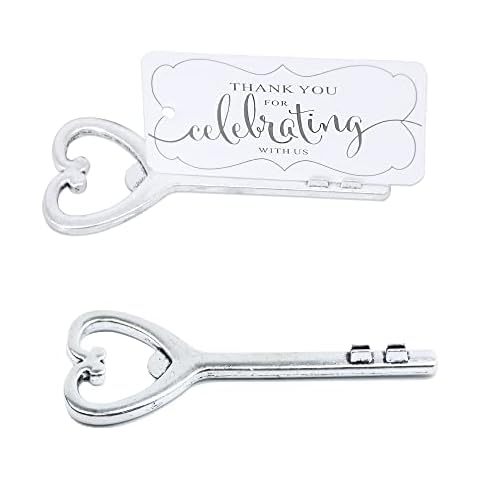 Aokbean 50pcs Place Card Holder Heart Shaped Key Bottle Opener for Wedding Party Table Name Cards Guest Gift with French Ribbon Cover