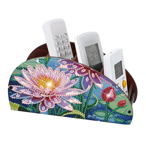 Image of DIY Diamond Painting Storage Box, Pink Lotus Design Handmade 5D Diamond Art Case Multi-Compartment Wooden Desktop Organizer for TV AC Remotes Makeup Brushes Pens Holder Tabletop Craft Storage
