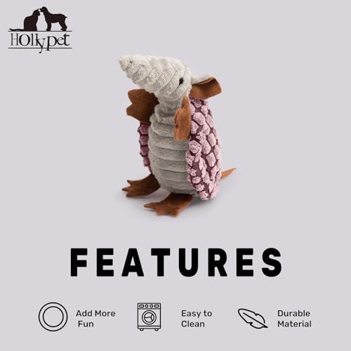 Image of Hollypet Plush Dog Squeaky Toy Stuffed Armadillo Animal Pet Puppy Chew Toys with Clean Teeth for Small Medium Large All Breed Sizes Dogs, Pink, 6 in