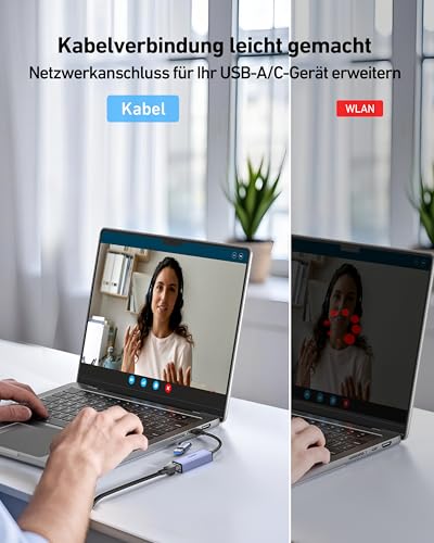 BENFEI USB-C auf Ethernet Adapter, USB 3.0 auf RJ45 Gigabit LAN (1000Mbps) Netzwerkadapter , kompatibel mit MacBook/Pro/Air, Surface Pro, Windows 11/10/8/7, Mac OS