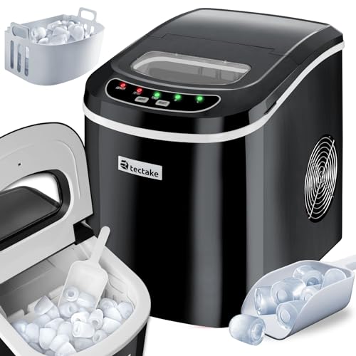 tectake® Máquina de Hielo para Casa, 9 Cubitos de Hielo por Ciclo de 5-13 Minutos, Máquina de Hacer Hielo Capacidad 12-15kg/24h, Maquina de Hielo Profesional, Depósito 2,4l, con Cesta y Pala - negro