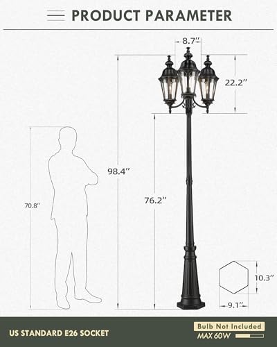 Image of HWH 98 Inch Outdoor Lamp Post Light, Seeded Glass, Waterproof, 5HW90PL-3 BK | Aluminum, Black, 3-Head Pole Light Fixture, Street Light for Garden, Driveway and Yard, Built For Exterior Weather Exposure