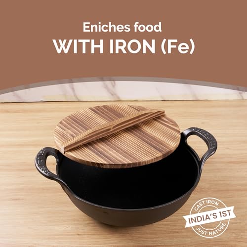 Image of HomeEssentials Cast Iron Kadai with Wooden Lid | Pre Seasoned Iron Kadai with Handles and Flat Base | Iron Wok for Cooking | Uncoated Kadai for Electric Induction (25cm)
