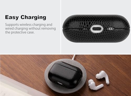 Image of Haobobro Handmade Case - for AirPods Pro 3 Case Cover - Selected Vegan Leather, Lizard Skin Texture, Drop Protective Hard Shell Cover for AirPods Pro 3rd Generation Earbuds - Black