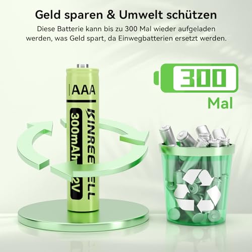 KINREECELL Wiederaufladbare AAA-Batterien, NI-MH-Triple-A-Solarbatterien mit echter Kapazität, 1.2 V vorgeladen für Solarleuchten, Lichterketten, Solar-Wegeleuchten (AAA-300 mAh, 12 Stück)