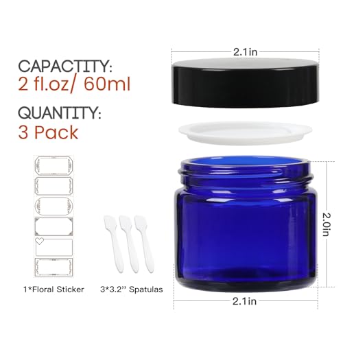 2 oz Blue Round Glass Jars, Pack of 3 with Black Lids, Cosmetics Containers for Face Cream Lotion, Powder, Candle, Spice, Body Butter2