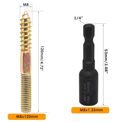 Image of 10pcs M8x120mm Hanger Bolts Double Headed Bolts Screw Kit,Self-Tapping Hanger Bolts Screw for Wood Furniture,Middle Flatten,with 1pcs M8x1.25mm Driver