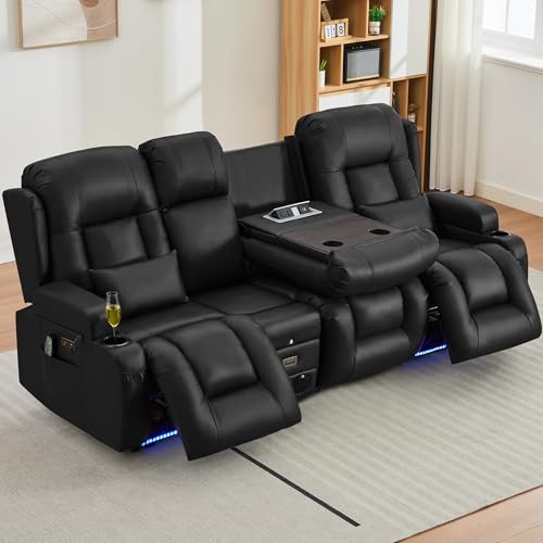 Image of URRED Power Loveseat Recliner Sofa with Massage and Heat, Wall Hugger Reclining Loveseat with Console, RV Couch Home Theater Seating with LED Lights for Living Room (Black, 89.8 inch - 3 Seats)