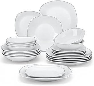 MALACASA Dinnerware Sets, 24 Piece Porcelain Square Dishes, White with Silver Rim Plates and Bowls Sets, Ceramic Dish Set for 6, Chip Resistant Dishware Sets, Series ELISA