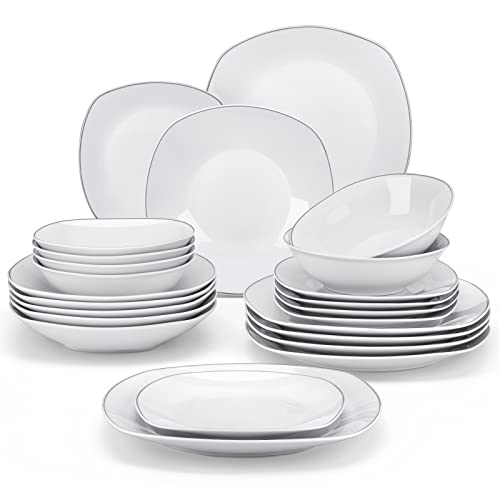 MALACASA Dinnerware Sets, 24 Piece Porcelain Square Dishes, White with Silver Rim Plates and Bowls Sets, Ceramic Dish Set for 6, Chip Resistant Dishware Sets, Series ELISA