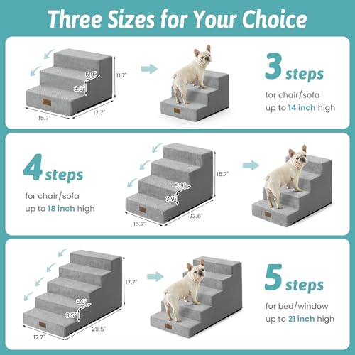 Image of COZY KISS Dog Stairs for Small Dogs 15.7 inch H, 4-Step Gentle Incline Pet Step for Couch Sofa, Non-Slip Dog Ramp for Puppy Doggie Senior Cats, 15.7x23.6x15.7 Inch, Grey