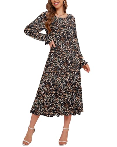 Image of CYiNu Women's Midi Dresses Long Sleeve Crew Neck Flowy Casual Floral Boho Tiered Chiffon Smocked Elegant Dress