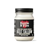 Kettle & Fire Beef Tallow for Cooking, 14oz Glass Jar – 100% Grass-Fed & Finished, Premium Cooking Fat, Seed Oil Free Certified, Non-GMO, Keto & Paleo Friendly, Whole30 Friendly, Ideal for High-Heat Cooking