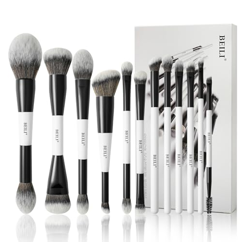 BEILI Lot de 12 pinceaux de maquillage professionnels 18 en 12 pinceaux avec deux extrémités pour poudre, fond de teint, correcteur, sourcils, fard à paupières, contour, eyeliner, pinceau mélangeur