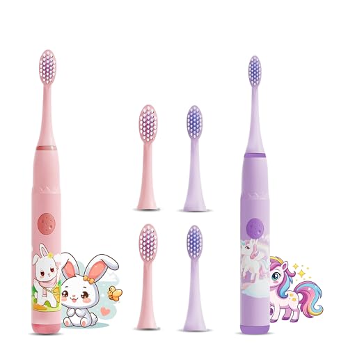 Image of Sonic Electric Toothbrush for Kids with 4 Modes, 3 Brush Heads & Rechargeable Battery, Ultra Soft Nylon Bristles, IPX7 Waterproof, Electric Power Tooth brush (Pink & Purple)