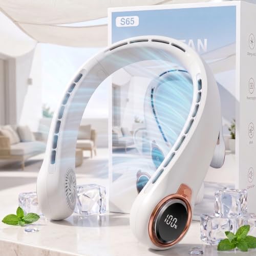 Image of Portable Neck Fan with 6000mAh USB - Rechargeable Battery, Ultra-Light Bladeless Neck Fan LED Display, 360 Cooling Wearable Fan, 3 Speeds-White