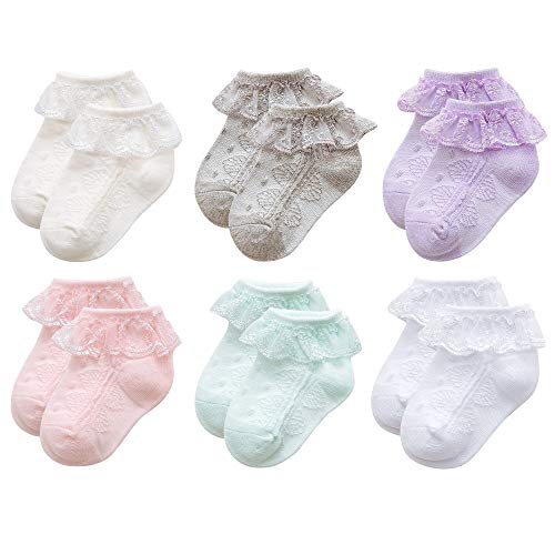 Durio Baby Girl Socks Super Soft Baby Ruffle Socks Lace Socks for Baby Girls Cute Baby Girl Ruffle Socks C Ivory & Grey & Purple & Pink & Mint & White 3-12 Months