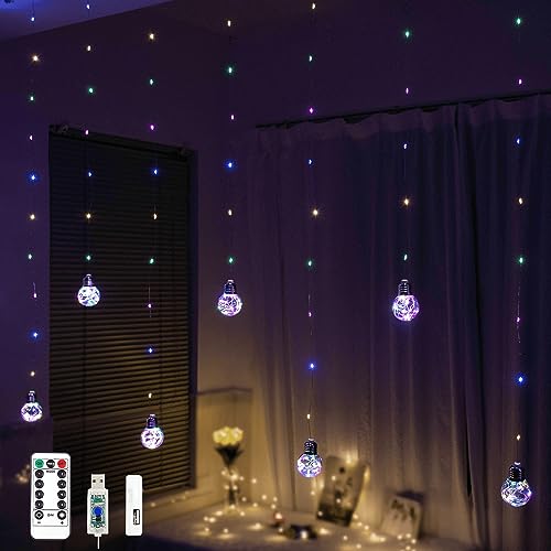 YOLIGHT Wishing Ball Curtain Lights 200 LED Window Curtain Lights with Remote, USB Battery Powered Twinkle Globe Fairy Lights for Wedding Party Bedroom Christmas Decoration (Multicolor)