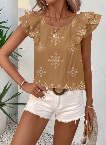 Image of Falechay Womens Bow Tie Back Tops Round Neck Ruffle Short Sleeve Shirts Cute Babydoll Chiffon Tee Women Summer Trendy Tunic