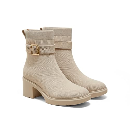 VIVAIA Gisella Womens Ankle Boots Square Toe Block Heel Booties with Removable Buckle Comfortable Water Repellent Dress Shoe for Fall Winter Daily Outfit Almond Size 9-9.5