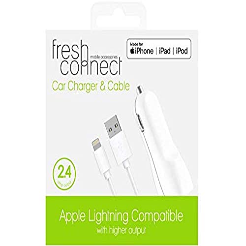 Fresh Connect | In Car Charger with Integrated Apple Lightning Charging Cable | 2.4A | White
