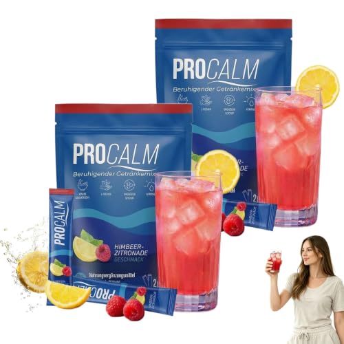Procalm Cortisol Cocktail Pulver 20 Stück Super Calm Trinkpulver Cortisol Senken & Abnehmen für den Alltag Vegan ohne Zusatzstoffe Himbeer-Zitrone-Geschmack (2 Artikel)