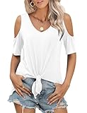 KTILG Womens V Neck Tshirt Cold Shoulder Top White Tie Front Top Half Sleeve Tops White Shirt White XXL
