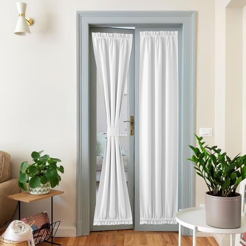 NICETOWN Linen Blackout Door Curtains, Elegance French Door Curtains for Privacy, Thermal Insulated Panels, Window Covering for Doorway (Greyish White