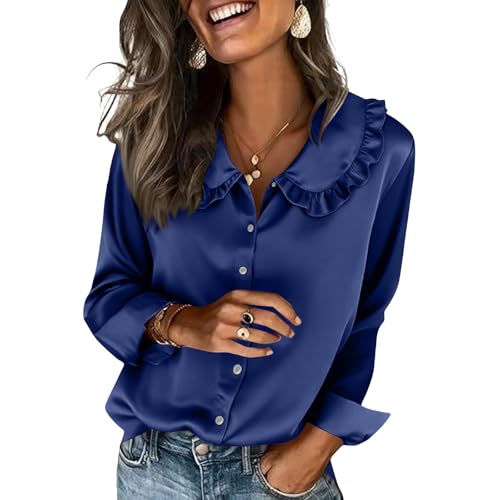 Womens Long Sleeve Satin Blouse Ruffle Peter Pan Collar Tops Silk Button Down Shirt Office Work Business Casual Outfits A01 Navy Medium
