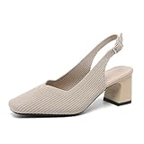 Womens Knit Slingback Low Chunky Block Heel Pumps with Elastic Ankle Strap Comfort Closed Square Toe Block Heel Backless Dress Shoes for Evening Party Bride Wedding (Apricot,8.5)