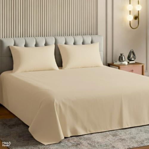 Image of haus & kinder Bedsheet King Size, 300 TC Cotton Sateen Weave, Fitted Bedsheet for Double Size Bed, Silky Smooth (Timeless Pearl, 60x78)