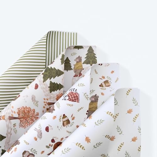 Cheerland 12 Sheets Vintage Animal Wrapping Paper Woodland Baby Shower Giftwrap with 20 Tags 4 Designs Fox Squirrel Forest Enchanted Theme Wrap Paper for Kids Birthday and Holiday Gifts