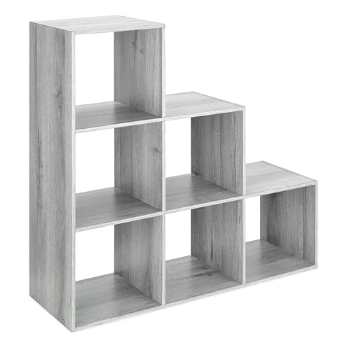 Whitmor 6 Cubes Bookshelf, Freestanding 6 Cube Stepped Etagere Bookcase, L Shaped Ladder Corner Open Bookshelf, Wood Storage Display Shelf for Living Room Home Office, 11.7'L x 35.6'W x 35.6'H, Gray