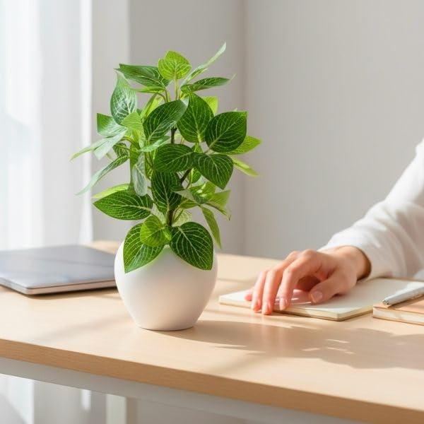 Image of fancymart Artificial Plant Leaves in Apple Pot (30 cm Height) | Small Potted Plant for Office Desk | Home Decor for Living Room | Cafe & Restaurant Table Decoration