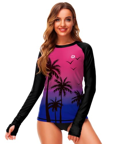Image of Deerose Womens Gradient Rash Guard UPF 50+ Swim Shirts Surfing Top with Thumb Hole