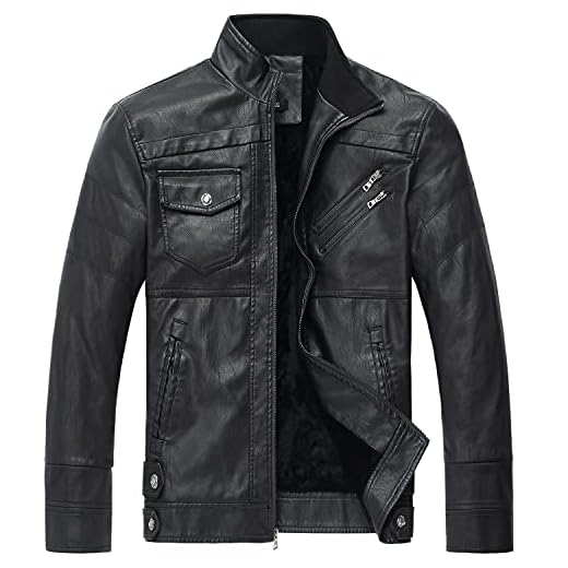 WULFUL Jaqueta masculina vintage de couro com gola alta, jaqueta e casaco de poliuretano para motociclista, Preto (8833), P