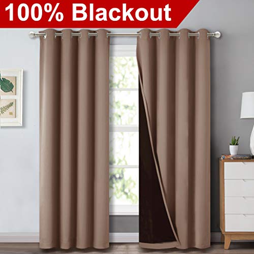 Image of NICETOWN Cold Blocking Curtains, 100% Blackout Curtains Thermal, Noise Reduction and Privacy Curtains for Patio Door, Black Lined Blackout Drapes with Grommet Top, Cappuccino, 1 Pair, W52 x L84