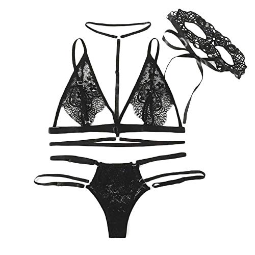 Lingerie sexy dentelle col V ensemble de sous-vêtements de nuit noirs pour femme chic