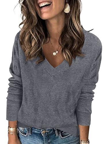 Image of Yincro Women V Neck Long Sleeve Soft Sweater Knit Casual Pullover Top