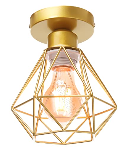TOKIUS Lámpara de Techo Retro, 16CM Lámpara Colgante Techo Vintage Jaula Dorado Luz Colgante Interior Iluminación de Techo para Cocina Comedor Dormitorio Pasillo (# Plafon)