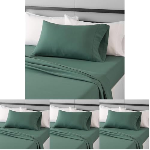 Image of Amazon Basics Lightweight Super Soft Easy Care Wrinkle Free Microfiber 3 Piece Bed Sheet Set with 14-Inch Deep Pockets, Twin, Emerald Green, Solid, Kids, Men & Women Bedding (Pack of 4)