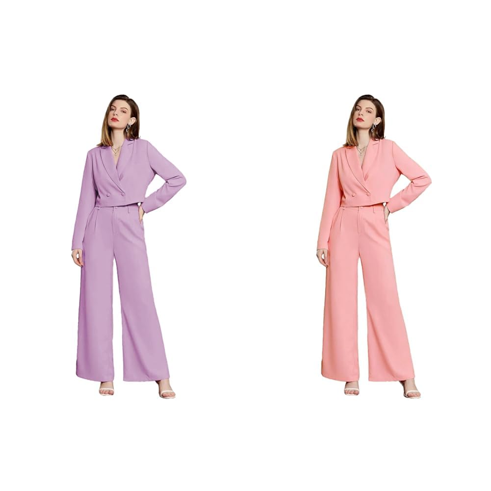 Women's Co-Ords Solid Dress Set Light Purple Solid Relaxed Fit Full Sleeve Casual Co-Ord Blazer and Trouser Set. Dusty Pink-image-12