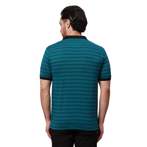 Image of Park Avenue Men's Cotton Polyester Blend Stripe Pattern Slim Fit Rib Collar Polo Neck Half Sleeve Casual T-Shirt